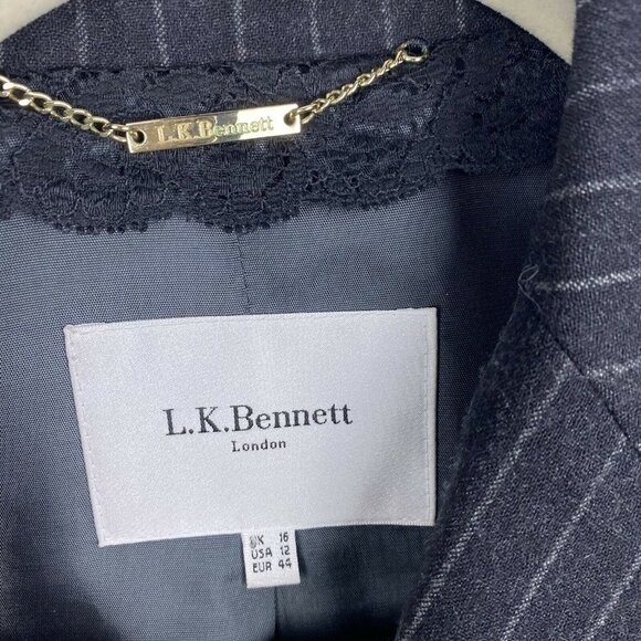 L.K. Bennett Womens Blazer Wool Gray Pinstripe One Button Size 12 Notched Collar - Picture 4 of 7